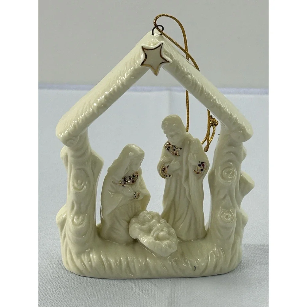 Ceramic Nativity Ornament Holy Family Manger Ivory Gold Christmas 4.5